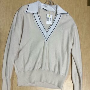 Cream V-Neck Sweater with Collar